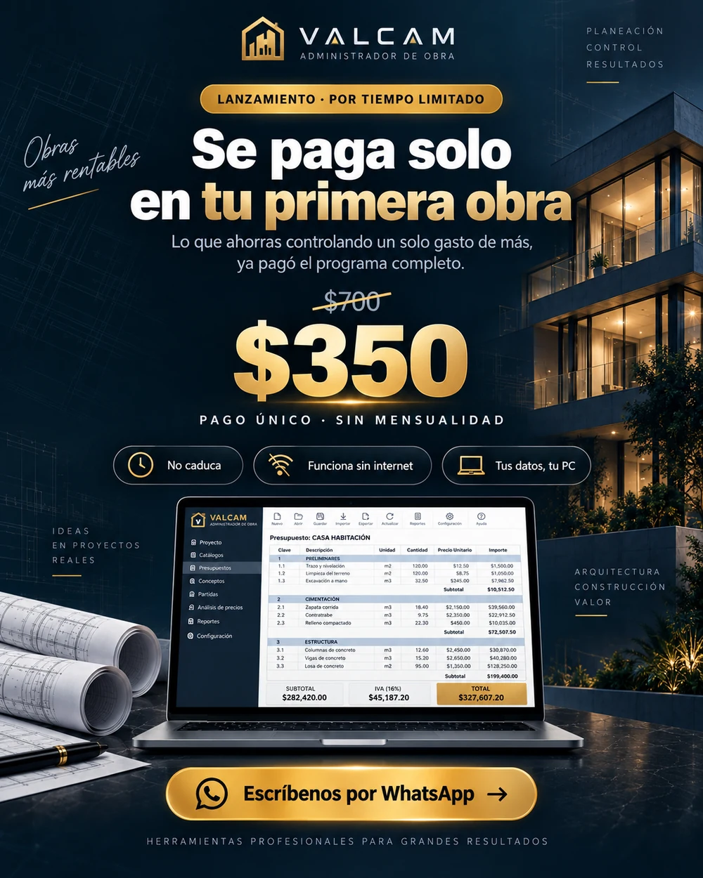 VALCAM Administrador de Obra precio de lanzamiento