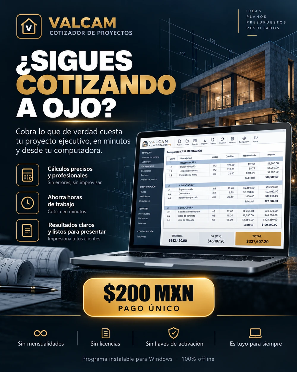 VALCAM Cotizador para cobrar proyectos ejecutivos