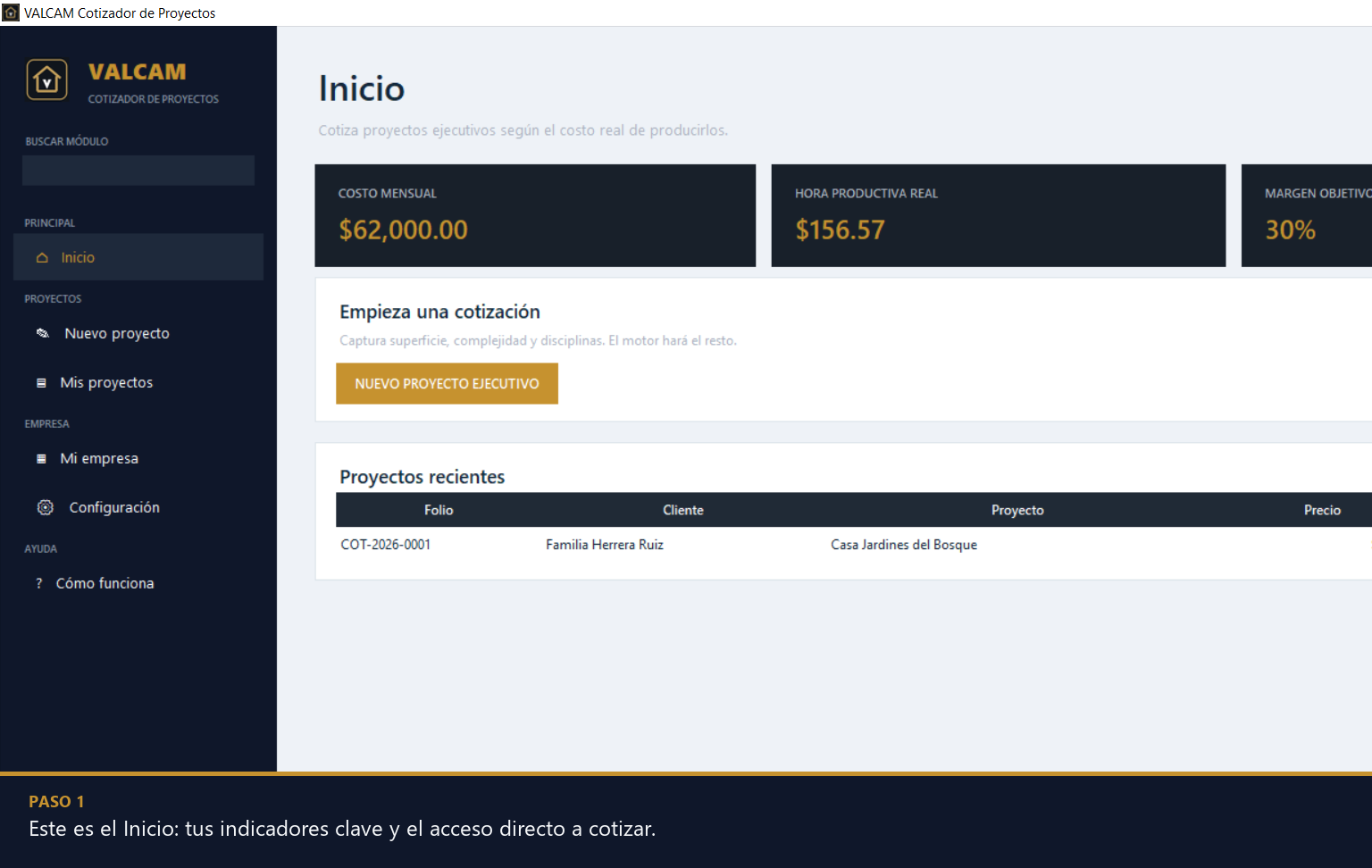 Inicio del VALCAM Cotizador